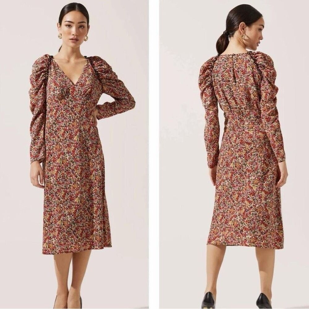 ASTR The Label Ruched Midi Dress in Black Red Floral Medium